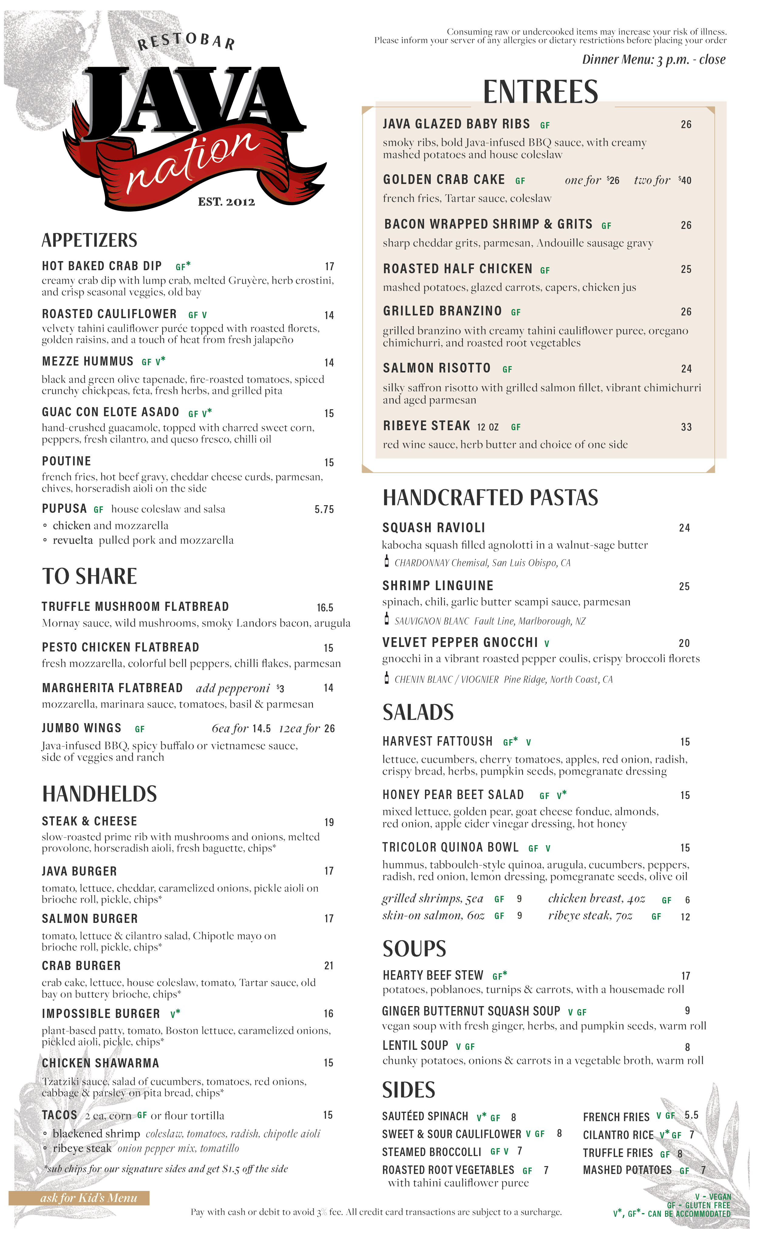 Silver Spring Dinner Menu Page 1