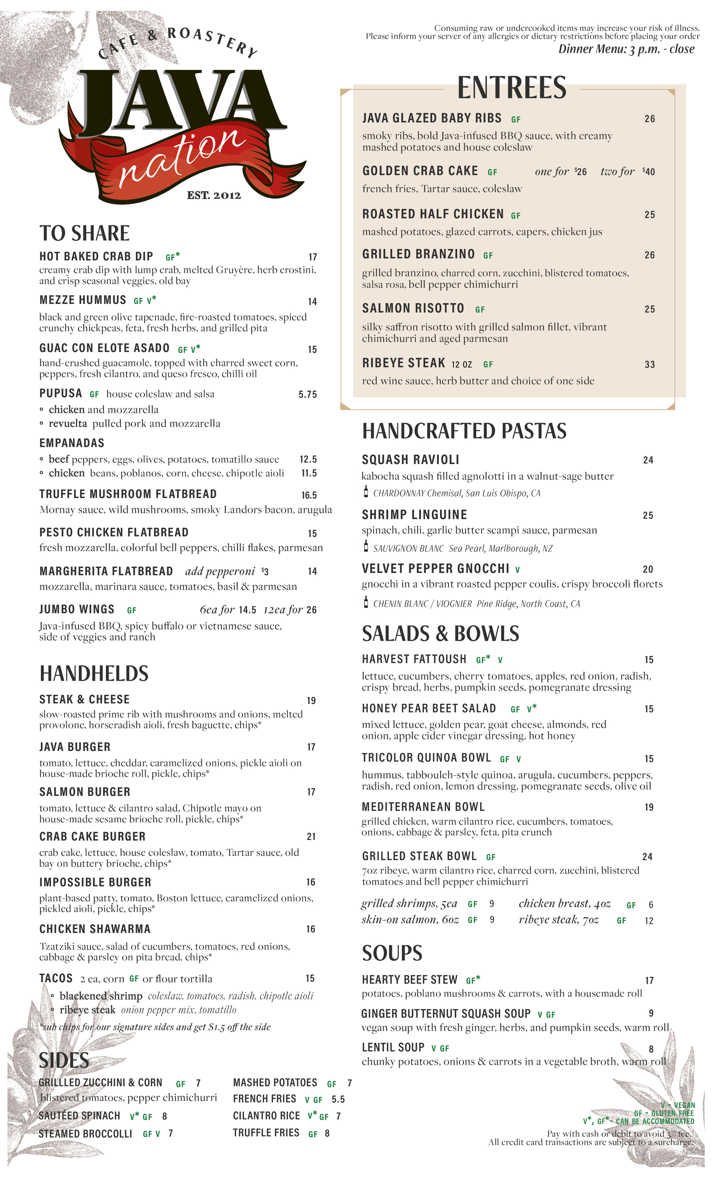 Dinner Menu Page 1
